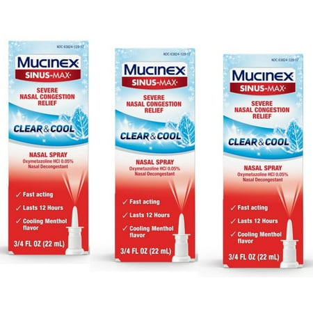 3 Pack Mucinex Sinus-Max Clear & Cool Nasal Decongestant Spray, 0.75 Ounces each