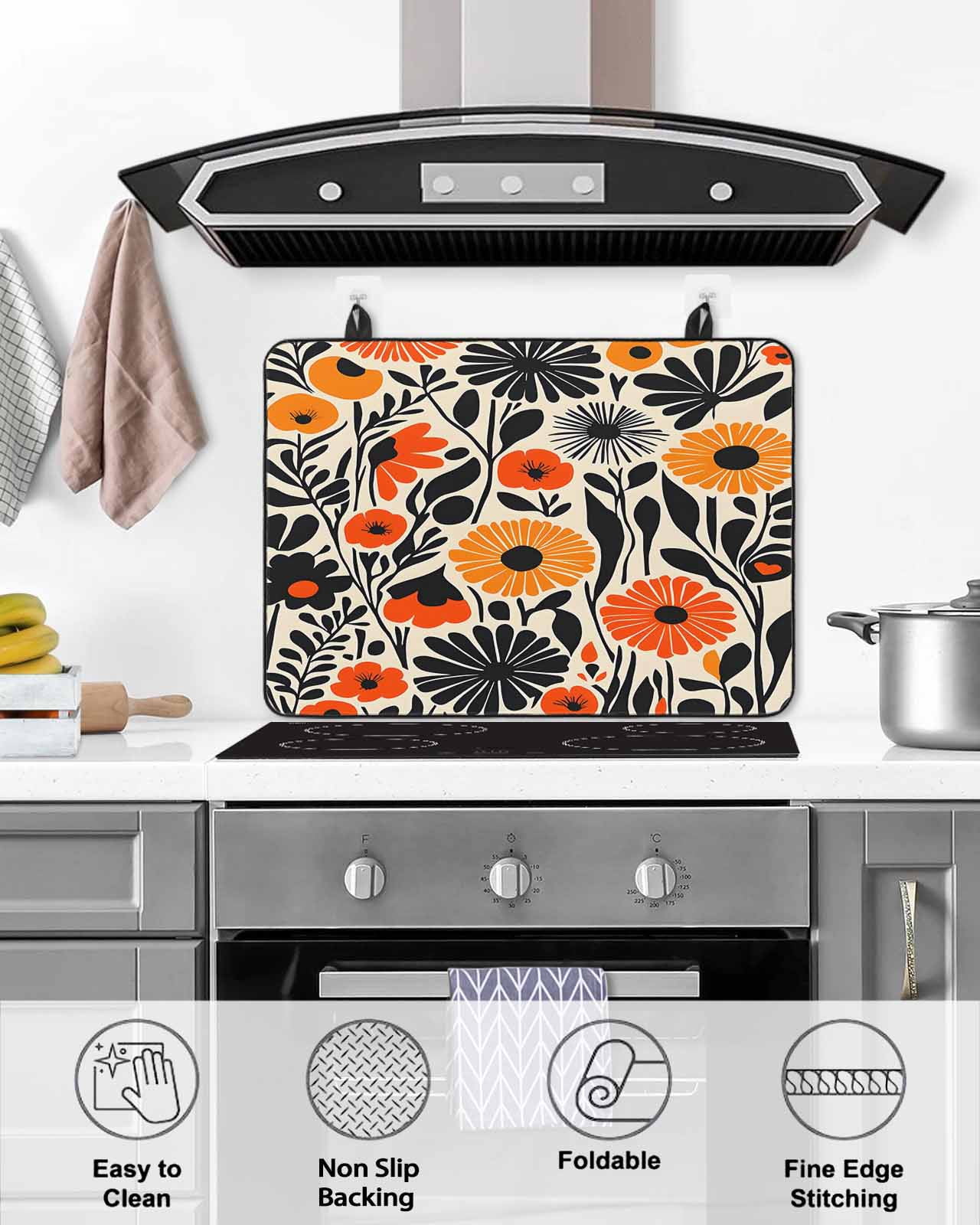 nqOlkjepod Large Induction Cooktop Protector Mat 36"x21", Orange Yellow Black Stove Top Covers for Electric Stove, Summer Botanical Tropical Leaf Stove Burner Cover Mats, Glass Top Stove Cover
