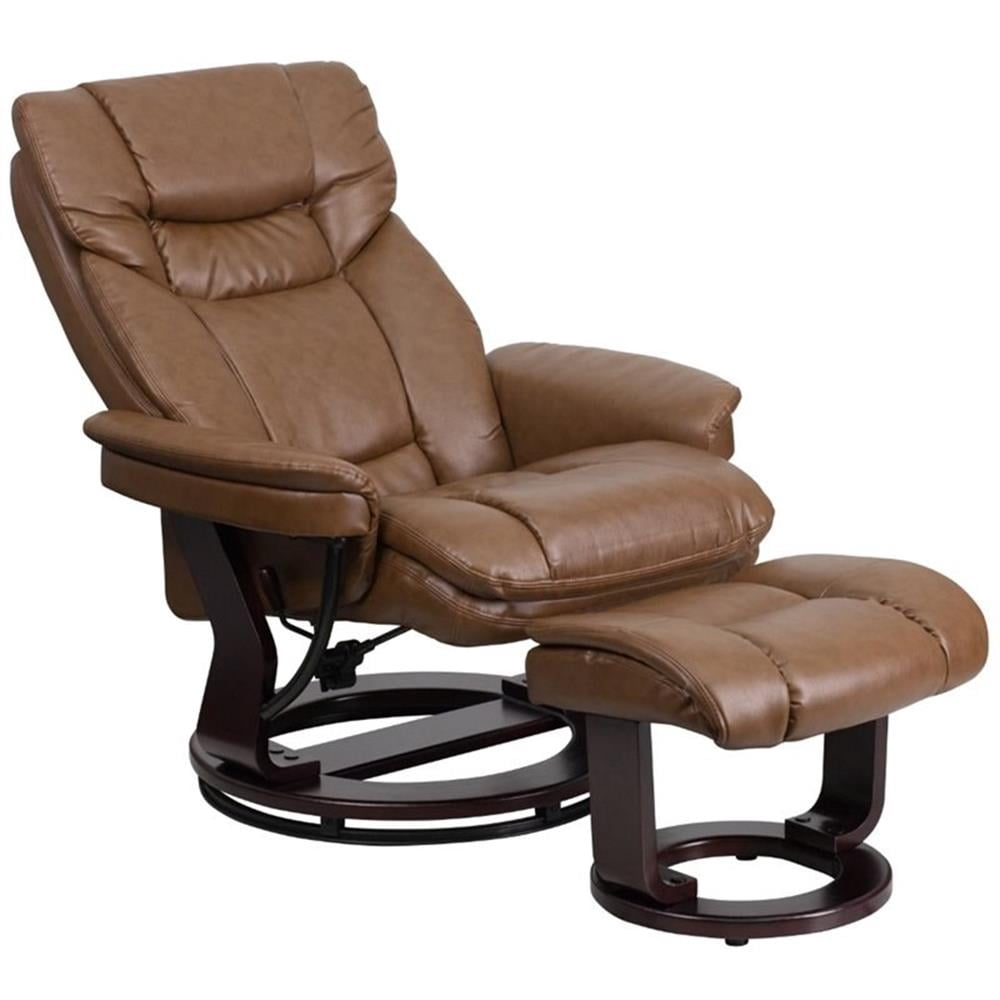 Bowery Hill LeatherSoft Integrated Headrest Recliner and Ottoman in Brown