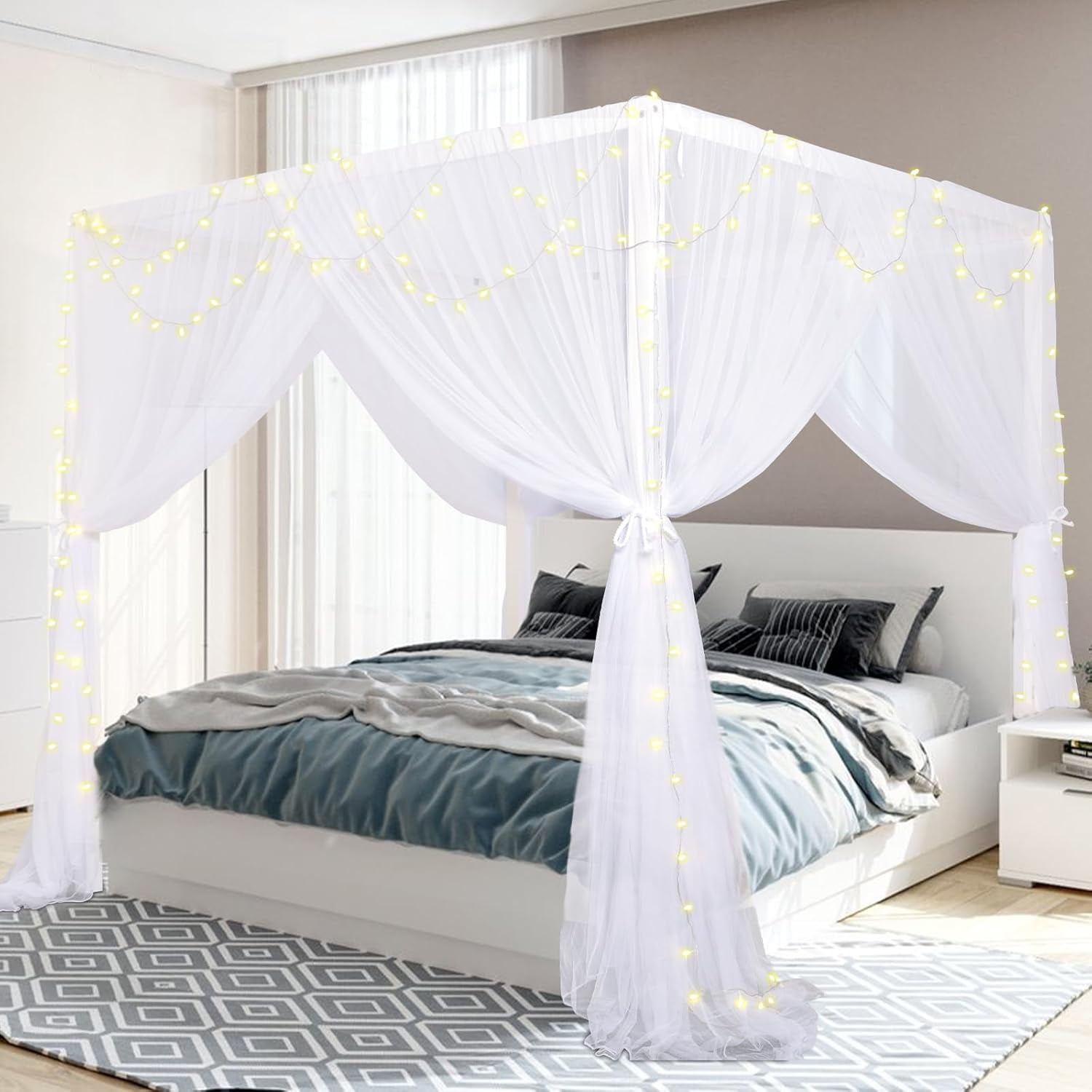 Black Canopy Bed Curtains, 4 Corner Post Bed Canopy for Girls & Adults, Top Luxurious Bed Drapes for Bedroom Decoration, 4 Openings, 100% Ripstop Polyester, Easy Install, King/Queen Size