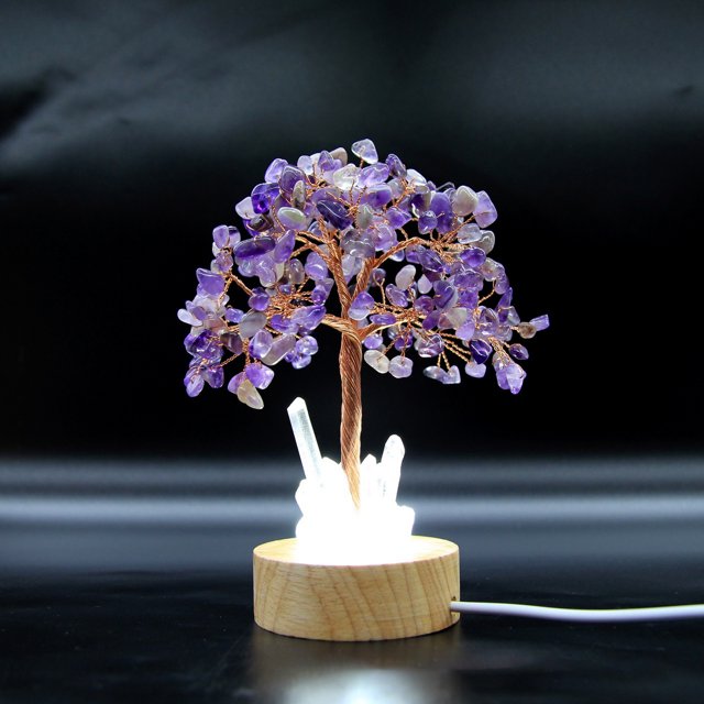 Lámpara de noche con forma de árbol de la fortuna de citrino morado natural, columna de cristal blanco, lámpara de noche de un solo cristal, decoración de moda para bricolaje