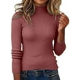 thumbnail image 3 of Women's Turtleneck Sweaters Long Sleeve 2025 Fall Ribbed Knitted Basic Shirts Fashion Casual Slim Fit Pullover Tunic Tops Brick Red L, 3 of 8