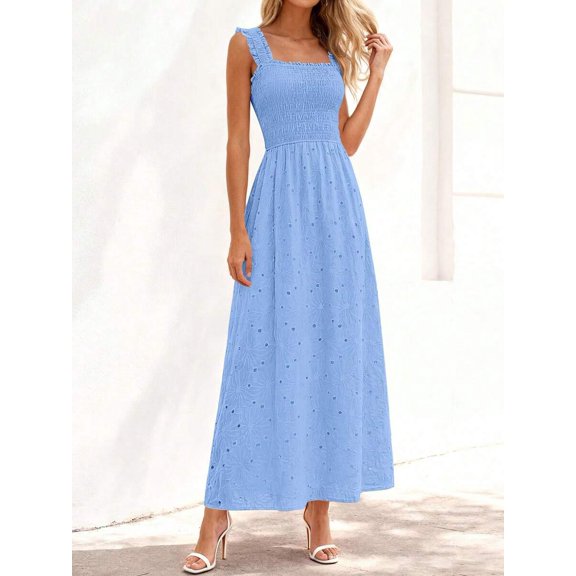 Light Blue Womens Smocked Square Neck Sleeveless Eyelet Lace Cotton Maxi Dress For Spring Summer Beach