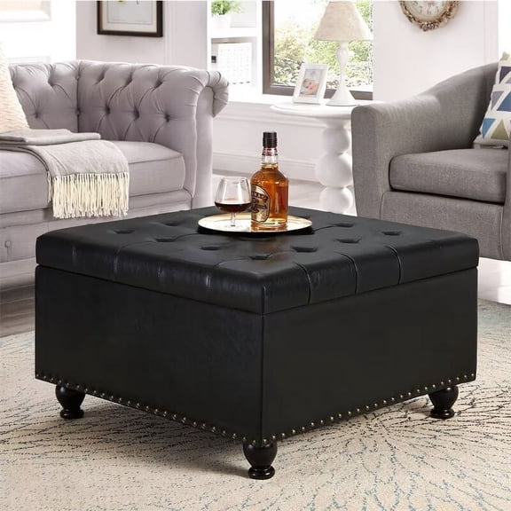 Large Square Storage Ottoman Bench with Wooden Legs, Button Tufted Upholstered Coffee Table with Nail Trims, Flip Top Foot Rest Stool for Sofa Couch Bedroom End of Bed Living Room, Black PU