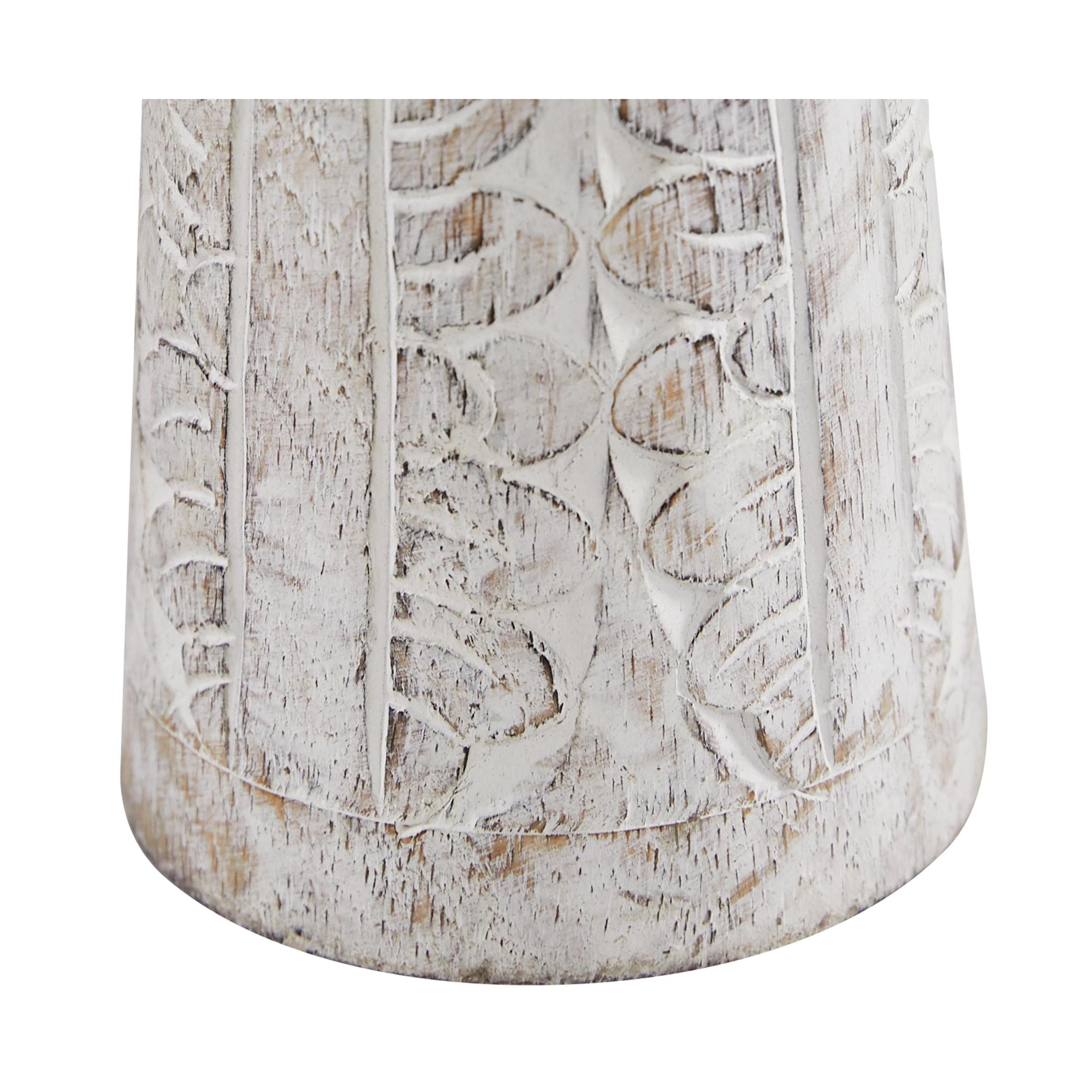 DecMode 3 Candle White Wood Handmade Floral Intricate Carved Pillar Candle Holder, Set of 3