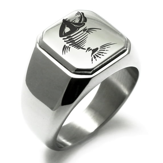 Stainless Steel Vicious Hellfish Engraved Square Flat Top Biker Style Polished Ring