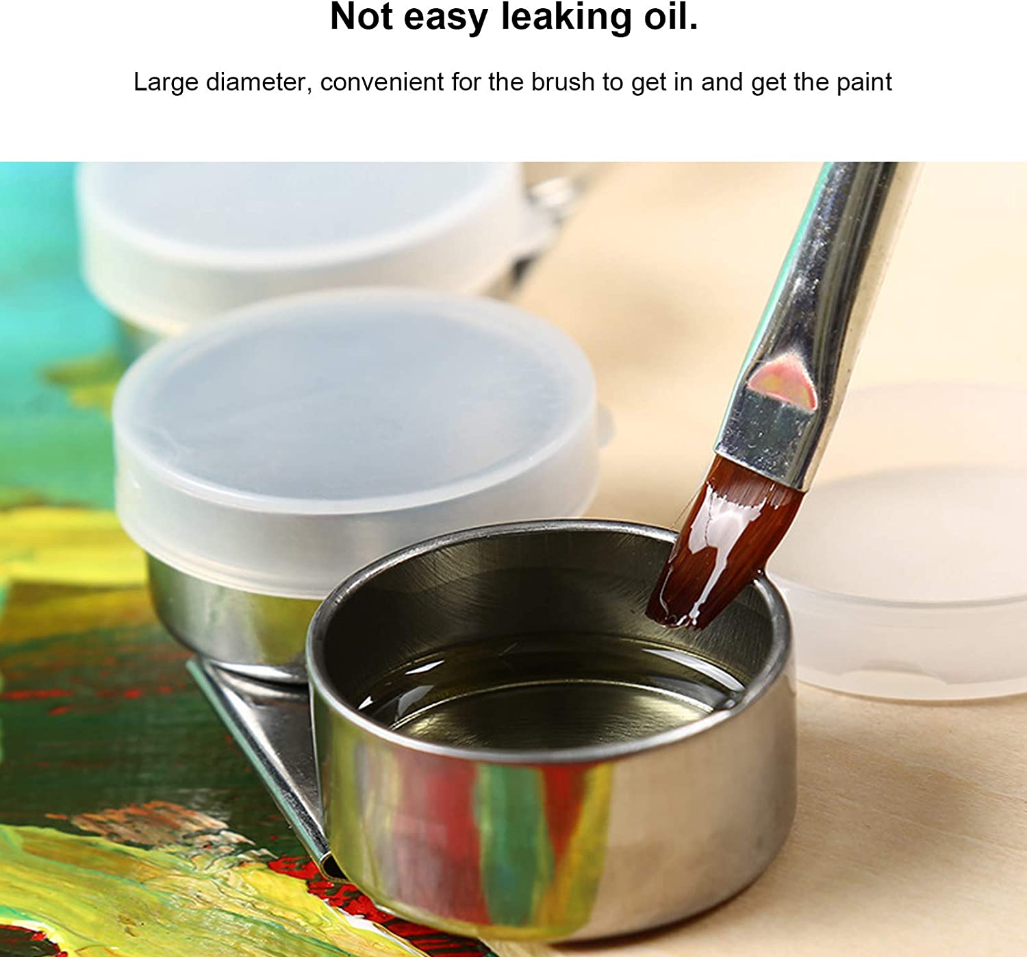 ABPETE 3Pcs Oil Painting Palette Cup, Stainless Steel Double Dipper Design with Lid, Clip Oil Container, Can Clip on Pe for Watercolor Acrylic