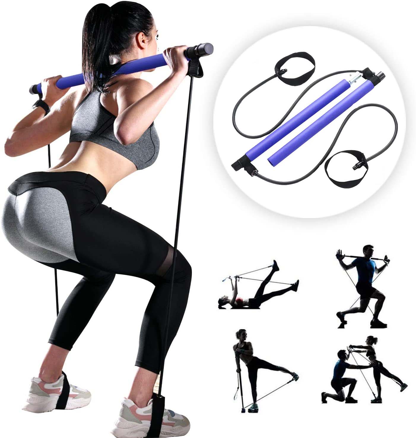 ASA Portable Pilates Bar Stick Fitness Exercise Bar Yoga Stick Resistance Band Workout Resistance Bands Loop Set Fitness (Blue) - image 1 of 5