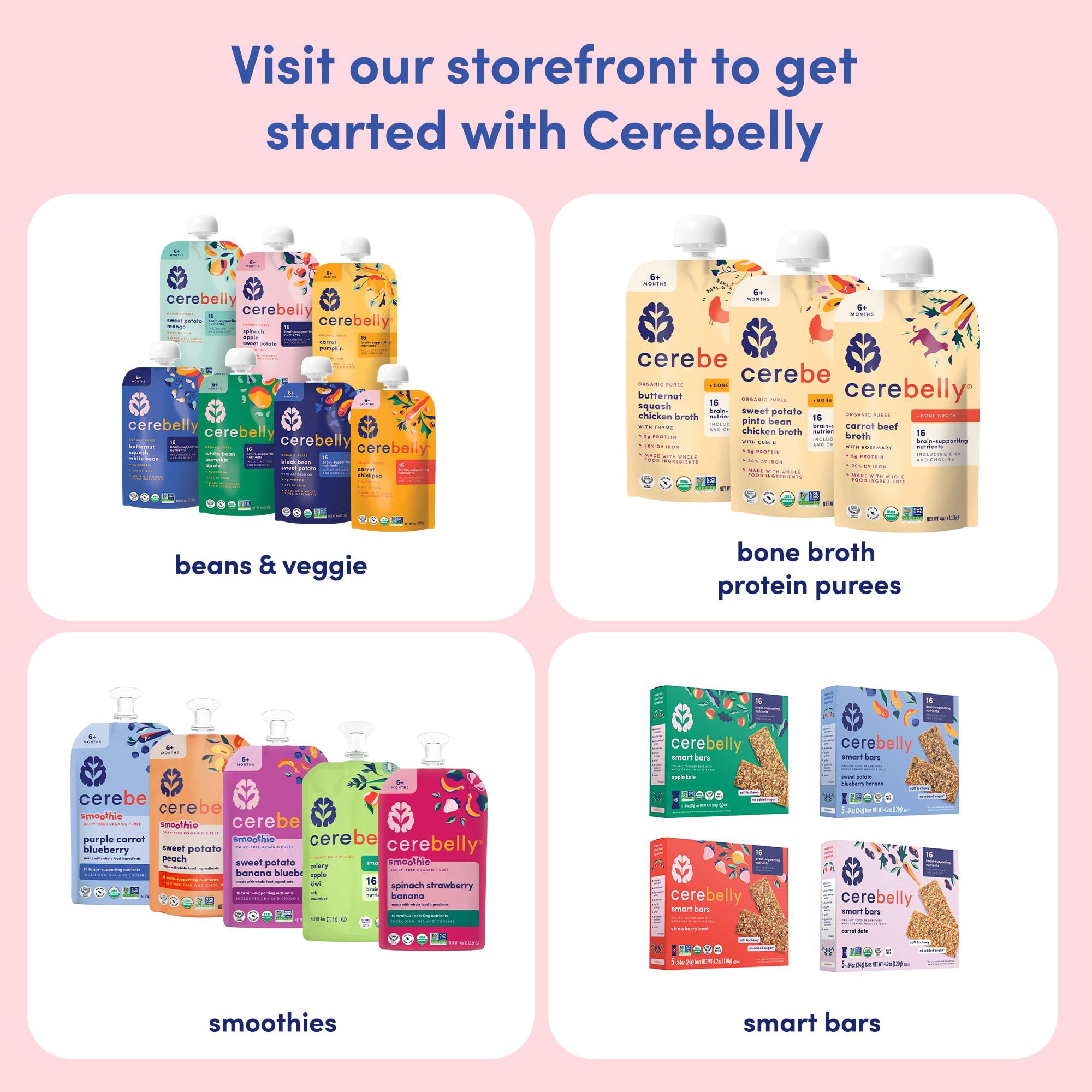 Cerebelly Organic Baby Food Pouches Variety Pack, Veggie & Fruit Purees, 16 Nutrients, No Added Sugar, Fiber & Non-GMO, 4oz, 8 Pack