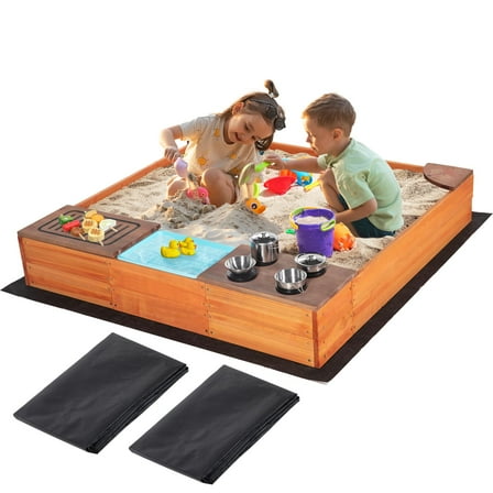 Kids Sandbox with Kitchen Playset, 2 in 1 Wood Sand Pit with Cover & Bottom Liner, Outdoor Toddler Sand Box with Corner Seats, Storage Bin, Sink & Cooking Accessories for Garden Beach Backyard