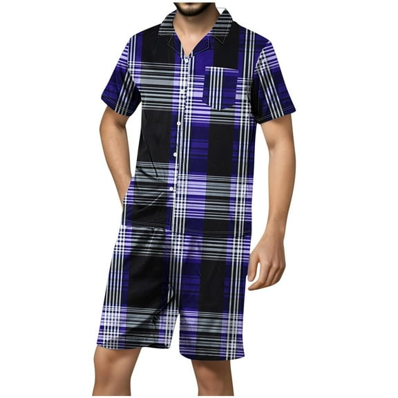 Cavosen 2 Piece Big and Tall Pajamas for Men Set Silk LapelButton Short Sleeve Shirt and Elastic Waist Pants Breathable Plaid Sleepwear Plaid Printed Cardigan Soft Loungewear