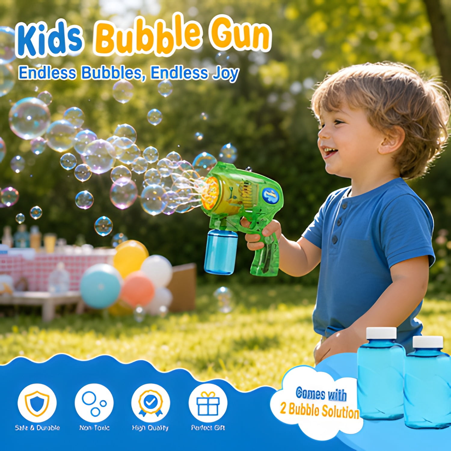 2 Kids Bubble Gun with 2 Bottles Refill Solution, Bubble Machine Gun for Toddlers 1-3 Kids 4-8, Party Favors, Summer Toy, Outdoors, Easter, Birthday Gift
