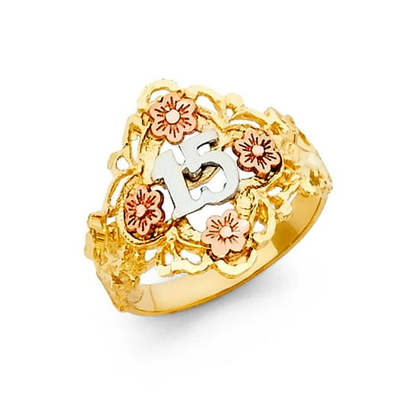 Ornate Floral Ring 14k Tri Colored Tone Italian Gold 17mm Floral Multi Rose Flower Quinceanera 15 Anos Birthday Ring Size 5 Available All Sizes ()