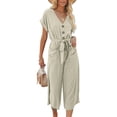 thumbnail image 4 of Women Cropped Jumpsuit, Short Sleeve V-neck Button Closure Waist Tie Solid Pants with Pockets, 4 of 5