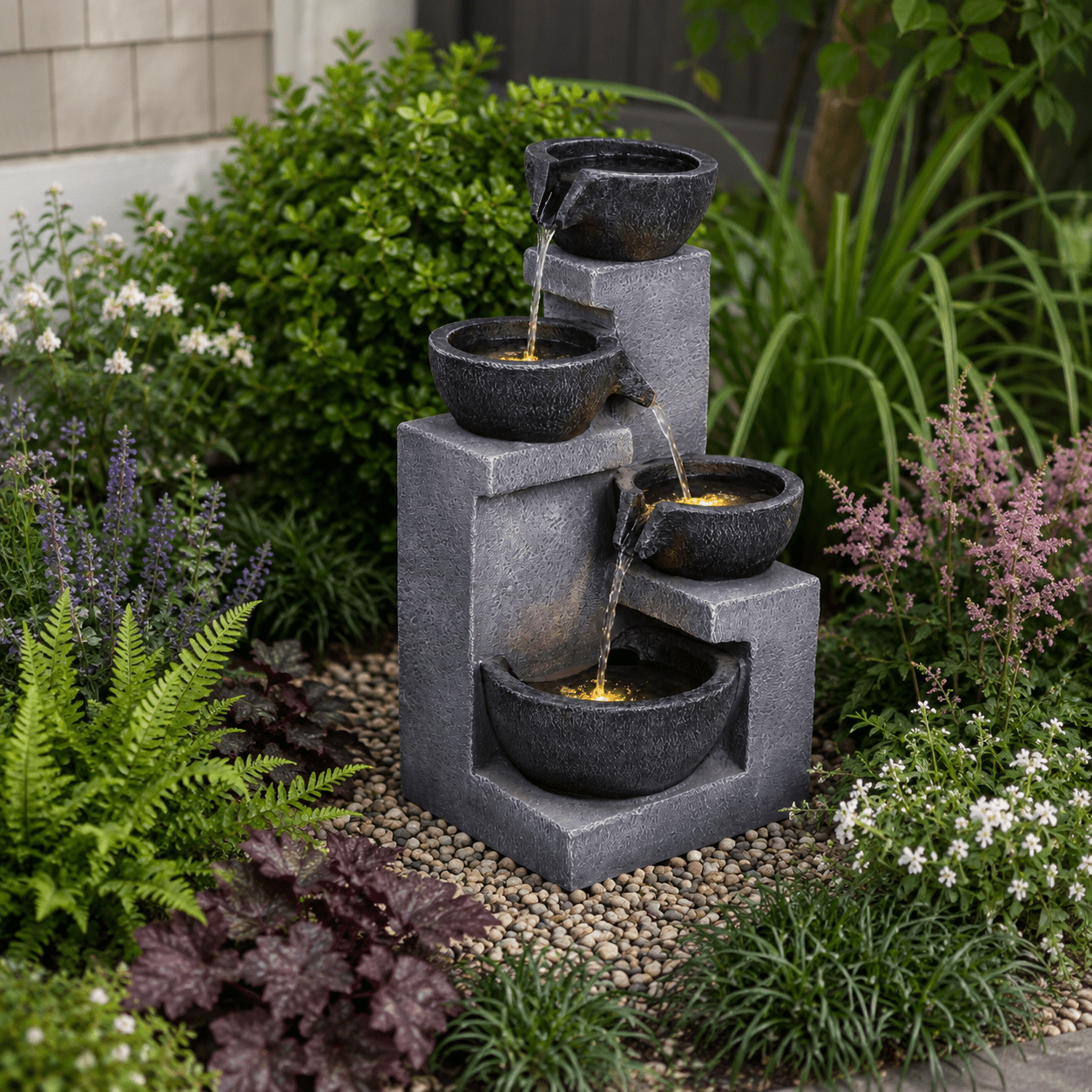 Mintazer 20.8" Modern 4-Tier Geometric Bowl Cascading Polyresin Water Fountain with Warm LED Lights, Silent Recirculating Pump Freestanding Waterfall Feature for Indoor Patio Garden Porch Balcony