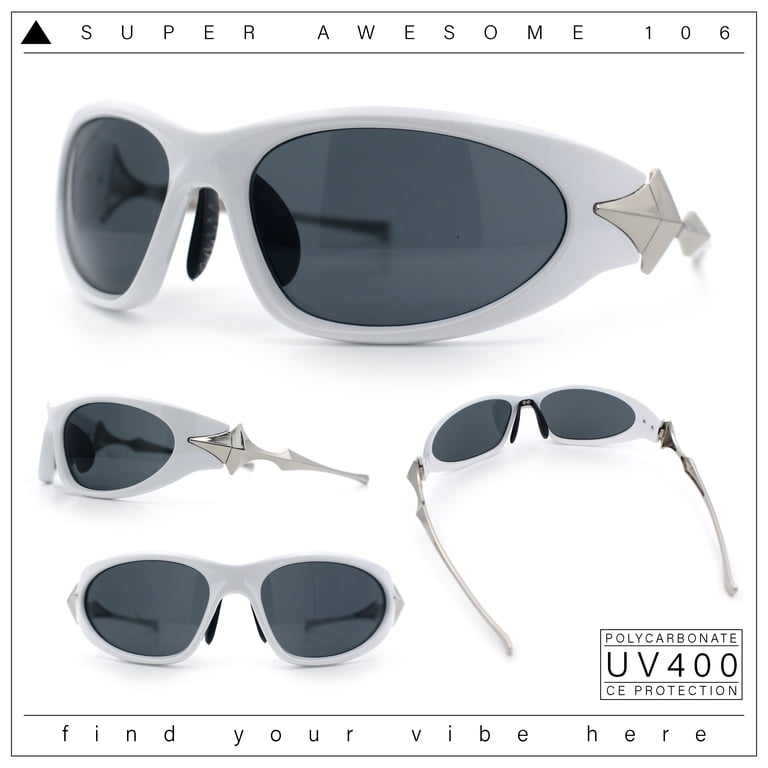 Y2K Oval Wrap Around Plastic Fancy Metal Arm Sunglasses White
