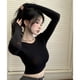 thumbnail image 5 of Camiseta de manga larga para mujer, estilo coreano, corta, ajustada, sexy, para chica, de primavera y otoño, de color sólido, fina, con cuello redondo, 5 of 6