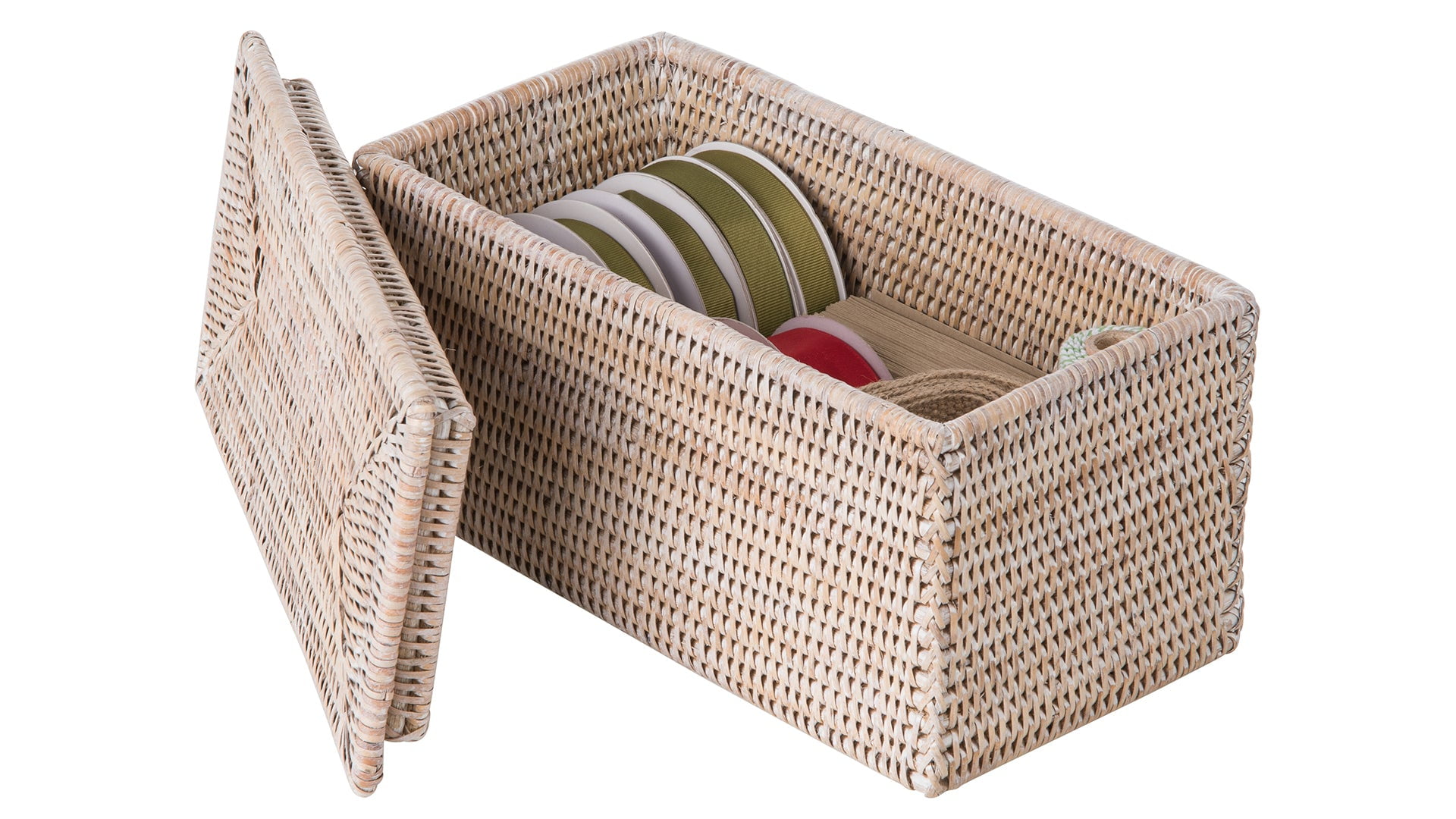 Kouboo La Jolla Rectangular Rattan Storage and Toilet Roll Storage Basket Decorative Storage Bins, Organizer, Household, Basket With Lid, White Wash