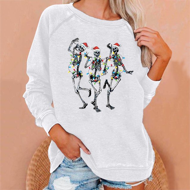 Pntutb Mujer Halloween Navidad Calavera Estampado Cuello Redondo Suelto Jersey Estampado Sudadera top Pntutb Pntutb-4777
