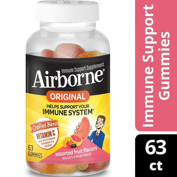 Airborne Assorted Fruit Flavored Gummies 63 Count 750mg Of Vitamin C And Minerals Herbs Immune Support Packaging May Vary Walmart Com Walmart Com
