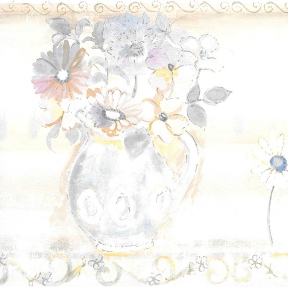 Prepasted Wallpaper Border - Floral Pink, Yellow, Blue, Green Pastel Flowers in Vases Wall Border Retro Design, 15 ft x 10.5 in (4.57m x 26.67cm)