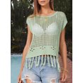 thumbnail image 6 of Women Knit Tops, Crew Neck Short Sleeve T-shirt Hollowed Tasseled Sheer Top for Vacation, 6 of 10