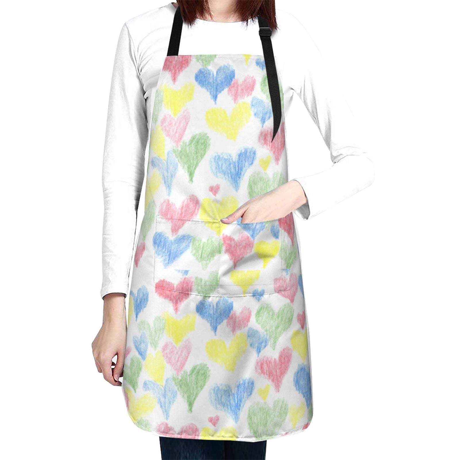 Kdxio Hand Drawn Colored Hearts Apron with Pockets Adjustable Kitchen Aprons for Men Women Waterproof Aprons for Cooking,Drawing,Crafting, Baking Household Cleaning