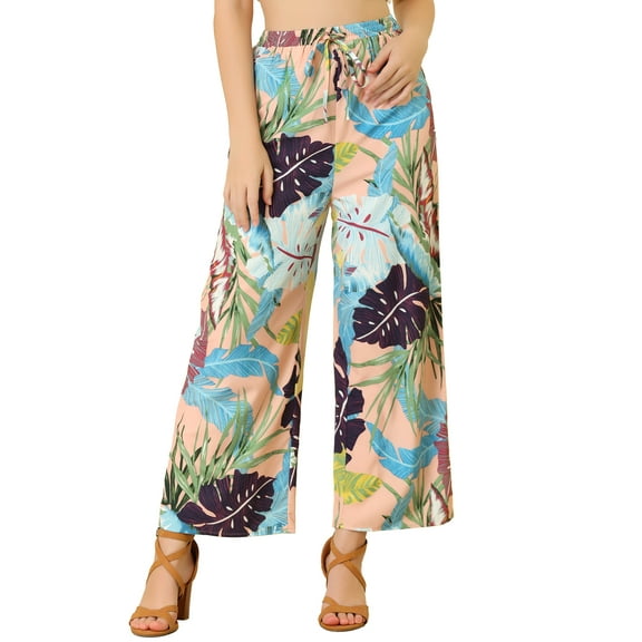 INSPIRE CHIC Women's Boho Floral High Waist Drawstring Tropical Wide Leg Pants M Pink