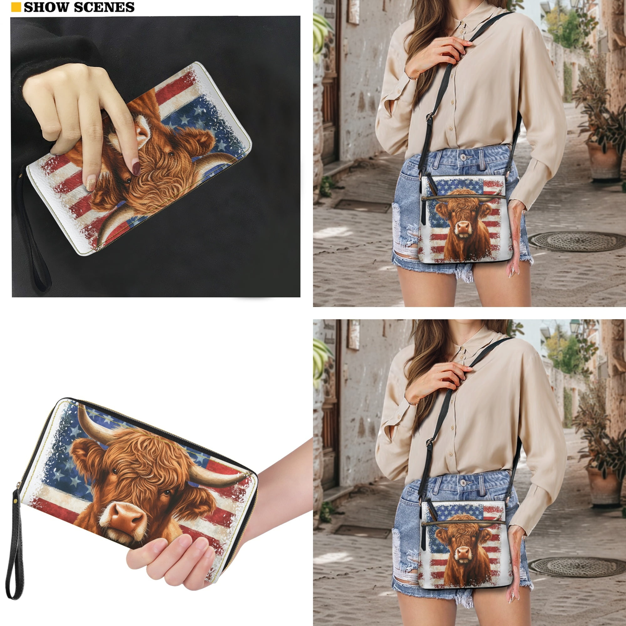 ZUXONGSY American Flag Highland Cow Print Women's PU Leather Crossbody Bag and Wallet Set, Trendy Multi-Pocket Hobo Purse with Adjustable Strap for Work & Travel