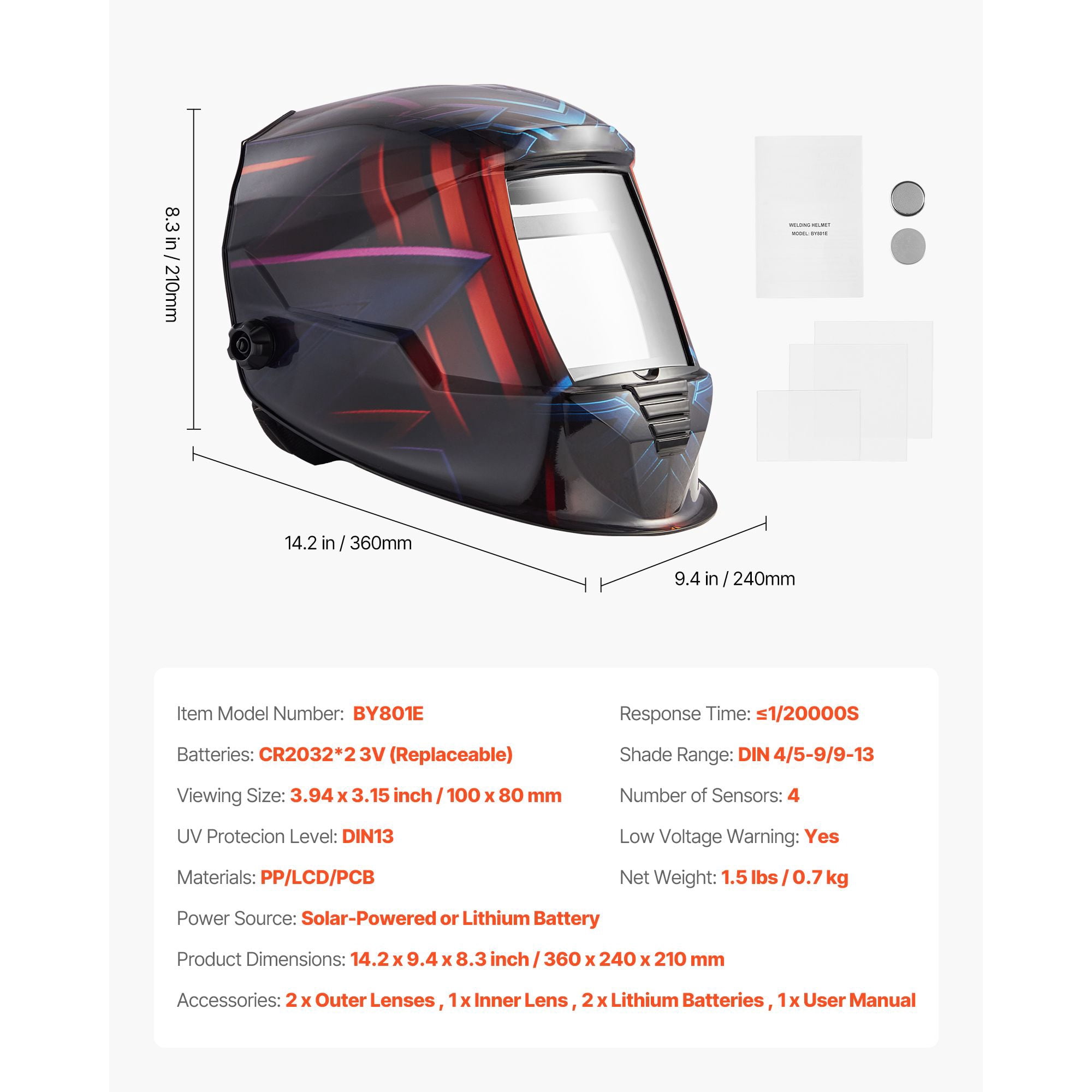 Auto Darkening Welding Helmet, 3.94x3.15 Inch Large True Color Screen, 4 Arc Sensors, 1/20000s Response, DIN 4/5-9/9-13 Adjustable, Solar Powered