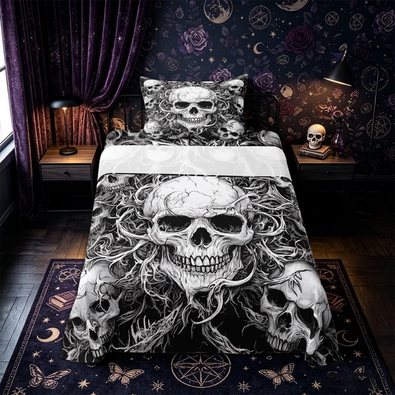 Castle Fairy Dark Gothic Skull Twin Sheets 3pcs,Happy Halloween Bedding,White Black,1 Fitted Sheet,1 Flat Sheet and 1 Pillowcase