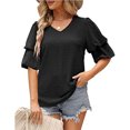 thumbnail image 2 of Blusa de manga corta con volantes para mujer, cuello en V, manga abombada, blusa lisa, Tops holgados para citas en el trabajo, 2 of 6
