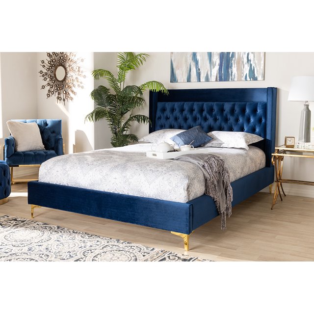 Baxton Studio Valery Cama de plataforma tamaño queen tapizada de tela de terciopelo azul marino moderna y contemporánea con patas con acabado dorado Baxton Studio BBT6740-Navy Blue-Queen