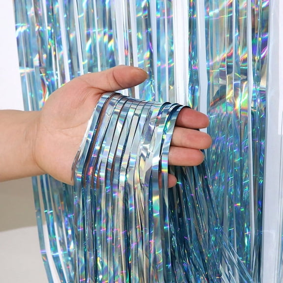 Nvzi-a 3 Pack Colorful laser Fringe Curtain Backdrop, 3.3x6.56Ft Sparkle Metallic Tinsel Foil Fringe Background for Photo Booth Birthday Wedding Party Thanksgiving Christmas Decorations，Light Blue