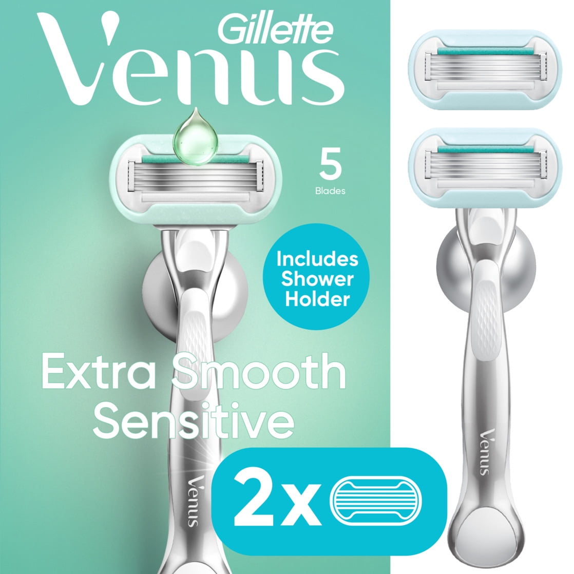 Venus Deluxe Smooth Sensitive Razor for Women, 5 blades, Manual Razor, Handle + 2 Razor Blade Refills, Silver