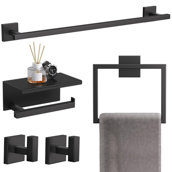 TQKAG 5-Pieces Matte Black Bathroom Hardware Accessories Set 23.6" SUS304 Stainless Steel Towel Bar Set Wall Mounted Square Toilet Paper Holder with Shelf
