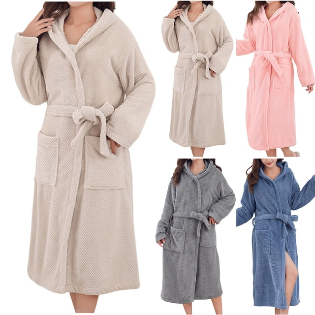Meichang Winter Robe Women's Hooded Plush Fleece Long Sleeve Bathrobe Cozy Fluffy Kimono Robes Soft Fuzzy Pockets Bath Robe with Belt