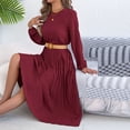 thumbnail image 7 of Women's Long Sleeve A-Line Flowy Pleated Midi Dress Round Neck Belted Waist Pockets Casual Dress, 7 of 7