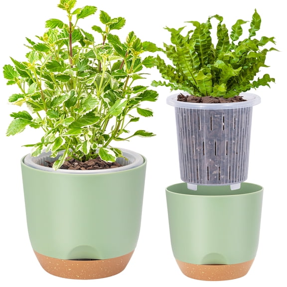 QCQHDU 7.2 Inch Self Watering Planters for Indoor Plants with Bottom Watering,2Pack Flower Plant Pots for Outdoor with Drainage, Durable Plastic planters Pots(Green)
