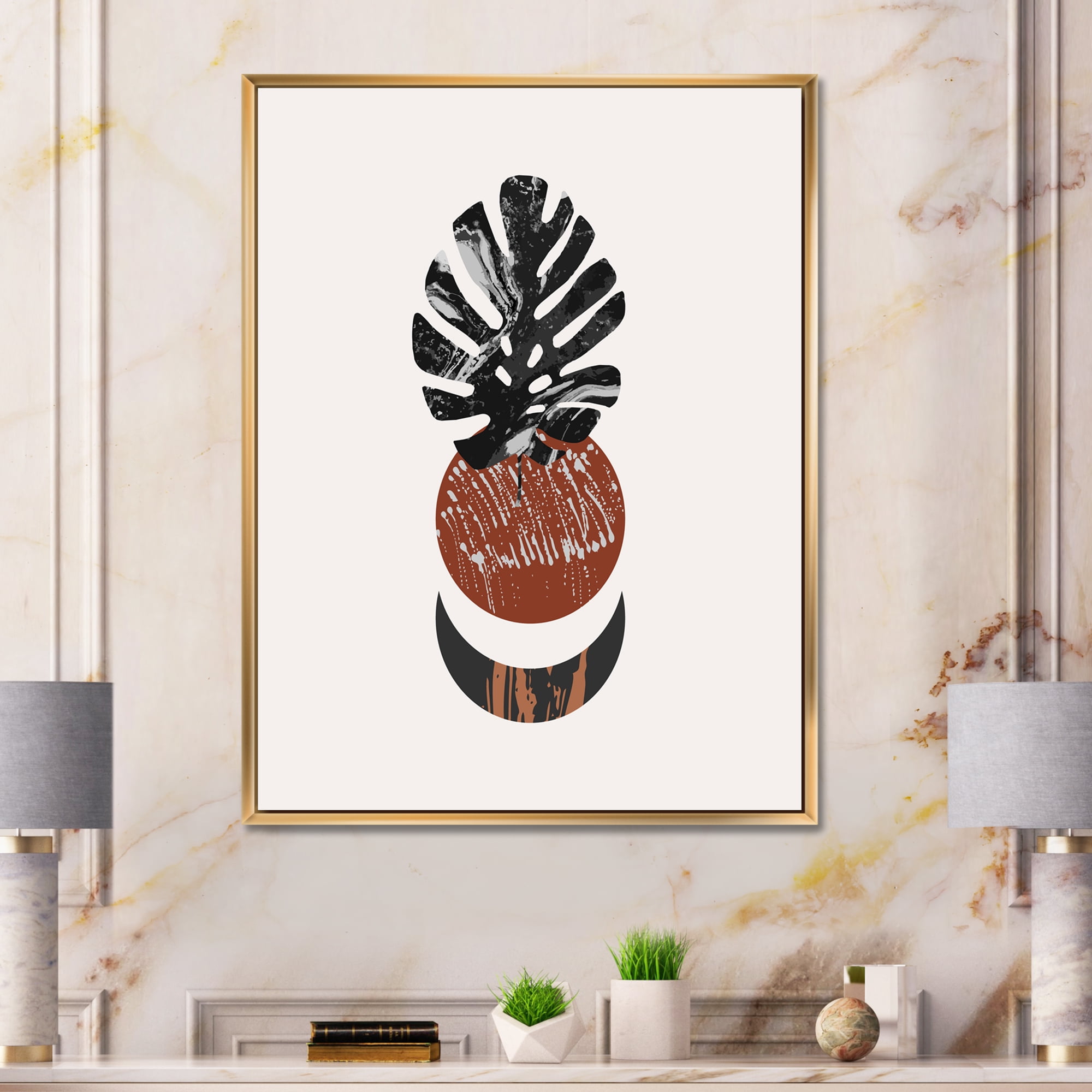 Designart 'Abstact Tropical Palm Leaf, Minimal Sun And Moon II' Modern Framed Canvas Wall Art Print