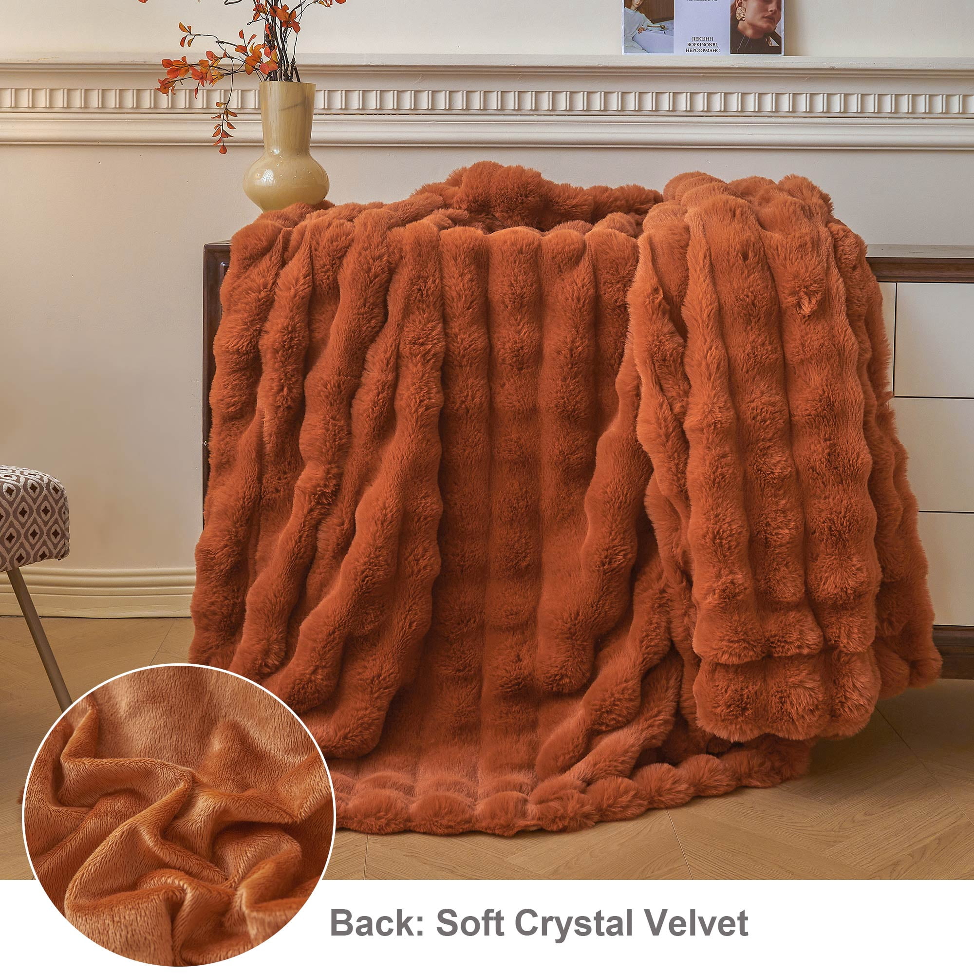 LIFEREVO Fluffy Faux Rabbit Fur Bubble Blanket, Plush Shaggy Waffle Throw for Couch Sofa, Cozy Furry Bed Blanket Adults Kids Teens Girls, Fuzzy Throw for Bedroom Living Room, 60x90, Burnt Orange