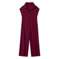 thumbnail image 4 of QIYAGBSA Jumpsuits for Women Cotton Linen Short Sleeve Zip Front Wide Leg with Pockets Soft Casual (Wine, M), 4 of 6