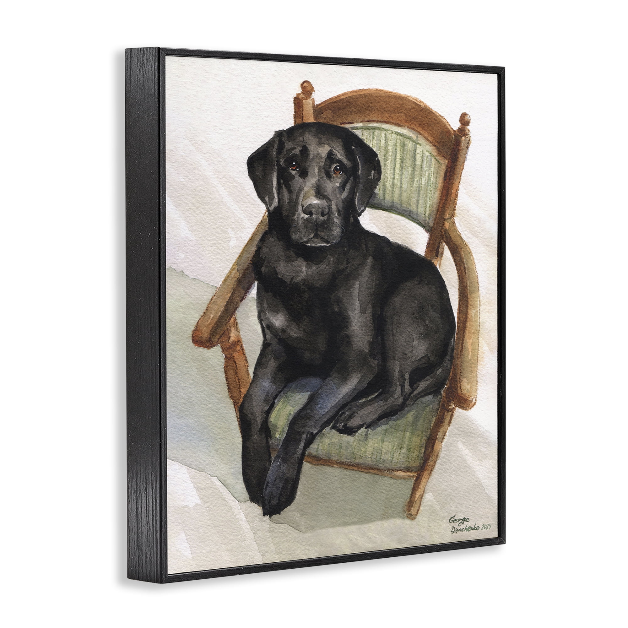 Stupell Industries Black Labrador On Chair Black Framed Giclee Art, design by George Dyachenko