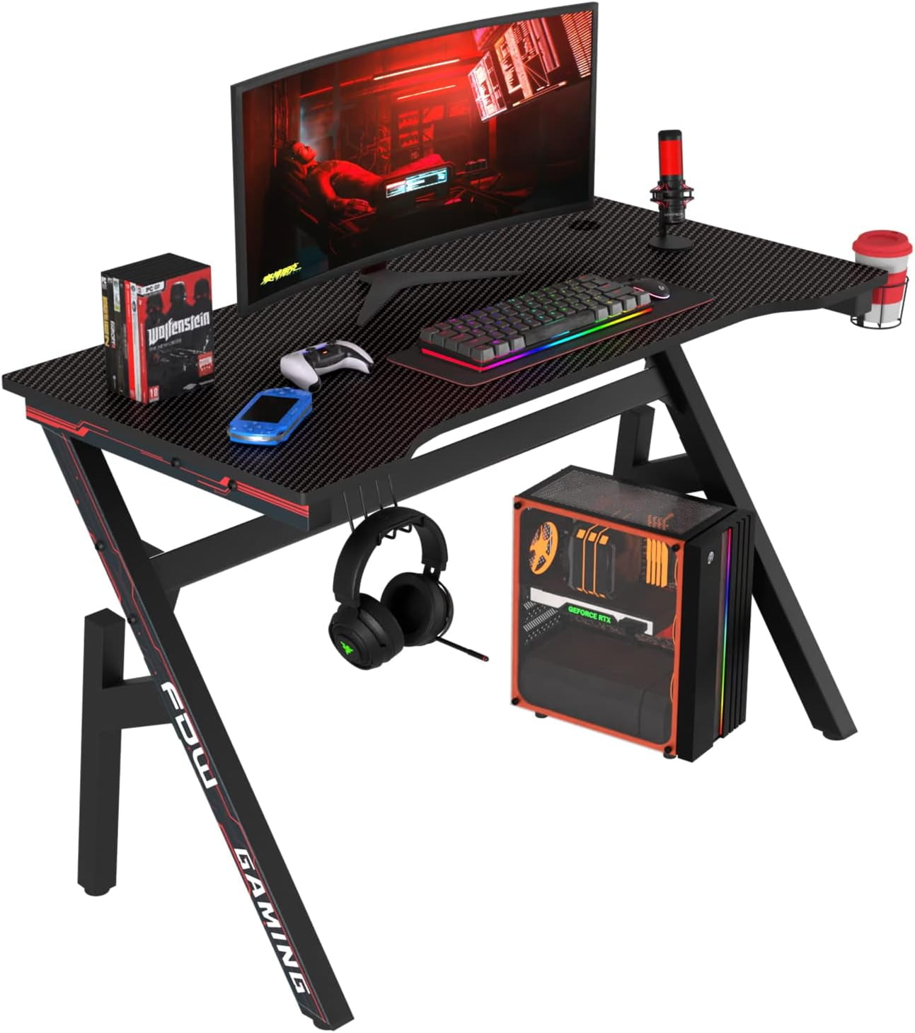 BestOffice Home Office Desk with Headphone and Cup Holders, Red