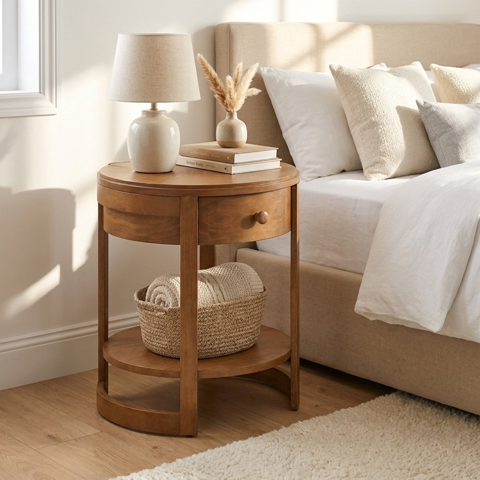 Furnibear Round 2 Tier Mid Century Nightstand with Drawer and Lower Shelf Wooden Bedside End Table for Bedroom Living Room, Oak