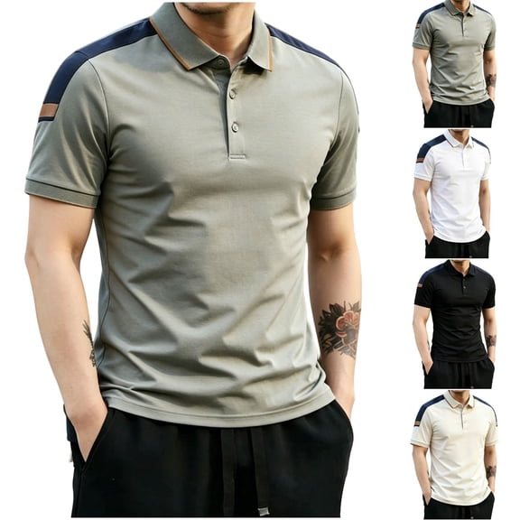 IhhxPro Men's Short Sleeve Moisture-Wicking Collared Shirt Contrast Shoulder Performance Summer Casual Athletic Fit Quick Dry Golf Outdoor M-4XL