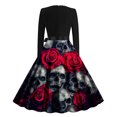 thumbnail image 3 of Women's Halloween Dresses Skeleton Pumpkin Printed Party Skirt Long Sleeve Crew Neck A Line Tie-Waist Dresses, 3 of 3