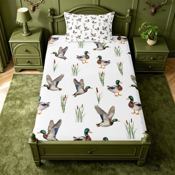 Manfei Aquatic Bird Pattern Fitted Sheet Full,Farmhouse Cabin Bed Set,3pcs,1 Fitted Sheet and 2 Pillowcases