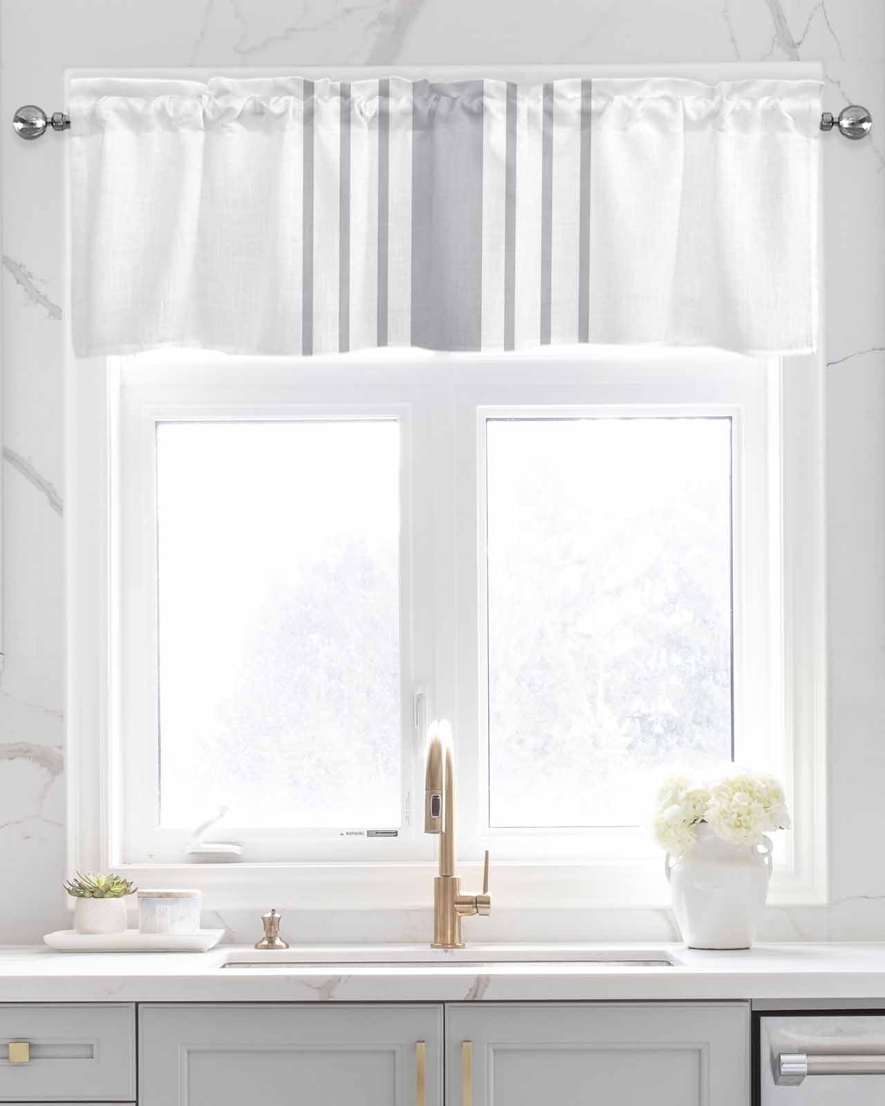 Grey Vertical Striped Kitchen Valances for Windows Farmhouse Linen Window Valance Curtain for Living Room Window Treatment White Modern Simple Geometric Valance Rod Pocket Topper Drape, 42 x 18 Inch