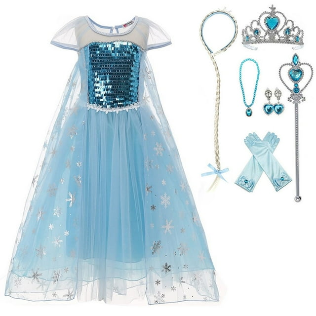 HAWEE Robe de Costume de Princesse Elsa à Paillettes pour Filles Reine des Neiges avec Accessoires